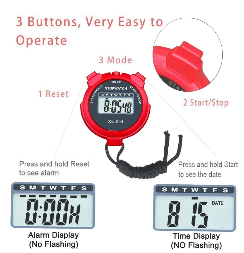 BESTWYA Simple Stopwatch, BESTWYA Large LCD Screen Handheld Count Up Timer with Time Calendar Clock Function (Pack of 4,B) - Image 2